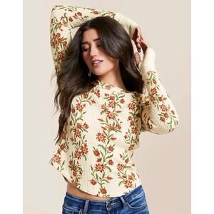 We The Free Fitted Floral Thermal Top Size Large (EUC) Ivory Folk Vine
